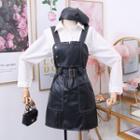 Set: Long-sleeve Shirt + Faux-leather Sleeveless Dress With Belt