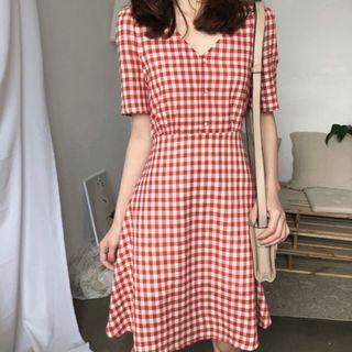 Elbow-sleeve V-neck Gingham Mini A-line Dress