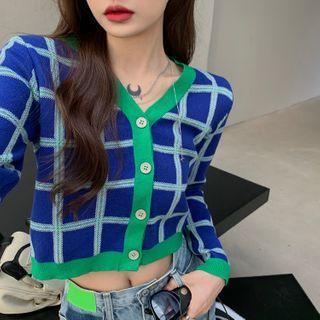 Plaid Cropped Cardigan Blue - One Size