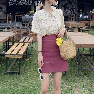 Short-sleeve Floral Blouse / High-waist A-line Skirt