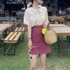 Short-sleeve Floral Blouse / High-waist A-line Skirt