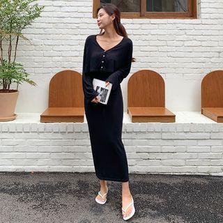 Set: V-neck Cardigan + Pinafore Dress