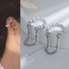 Faux Pearl Chained Cuff Earring 1 Pc - White Faux Pearl - Silver - One Size