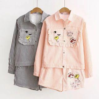 Set: Embroidered Striped Buttoned Jacket + Embroidered Striped Shorts