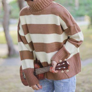 Turtleneck Striped Knit Top Coffee - One Size