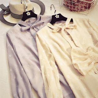 Star Pattern Tie-neck Long-sleeve Chiffon Blouse