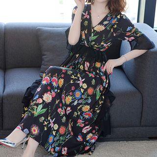 V-neck Flower Print Elbow-sleeve Midi Dress