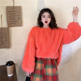 Long-sleeve Shearling Sweatshirt / High-waist Plaid Pants