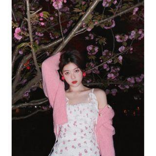 Long-sleeve Plain Cardigan / Tie-strap Floral Drawstring Pinafore Dress