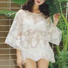 Set: Embroidered 3/4 Sleeve Sheer Cover-up + Plain Bikini