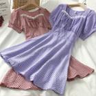 Plaid Lace Trim Short-sleeve A-line Dress