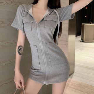 Short-sleeve Mini Hooded Dress Gray - One Size