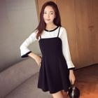 Set : Piped Long-sleeve Top + Strap Knit Dress