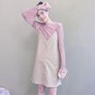 Set: Crew-neck Long-sleeve T-shirt + V-neck Spaghetti Strap Dress