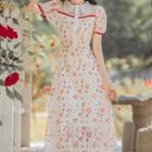 Puff-sleeve Lace Collar Floral Print Midi A-line Dress
