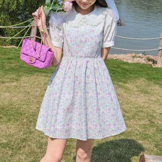 Short-sleeve Floral Printed Peter Pan Collar A-line Mini Dress Floral - One Size