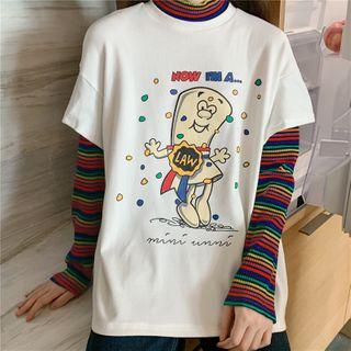 Mock-two-piece Cartoon Print Rainbow Stripe Sweatshirt