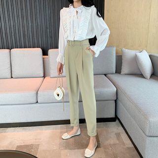 Long-sleeve Bow-accent Plain Blouse / High-waist Wide-leg Pants With Belt