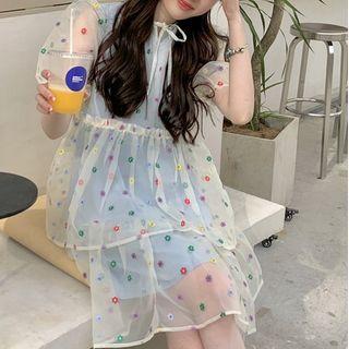 Puff-sleeve Mock Two-piece Flower Print Dress