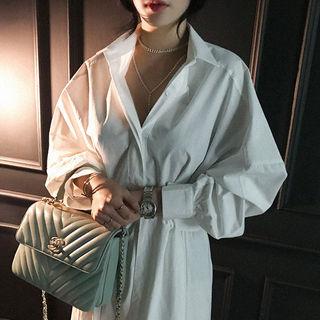 Balloon-sleeve Tie-waist Long Shirtdress