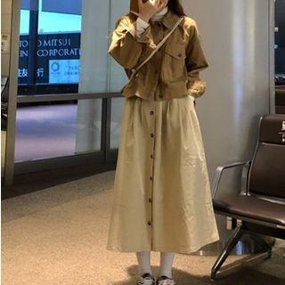 Dual-pocket Buttoned Jacket / Midi A-line Skirt