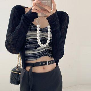 Plain Light Jacket / Striped Camisole Top / Plain Midi Skirt
