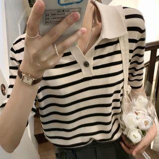 Short-sleeve Striped Collared T-shirt Stripe - White & Black - One Size