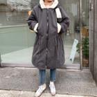 Hooded Drawstring-waist Fleece-lined Coat Charcoal Gray - One Size