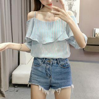 Elbow-sleeve Cutout Striped Chiffon Top