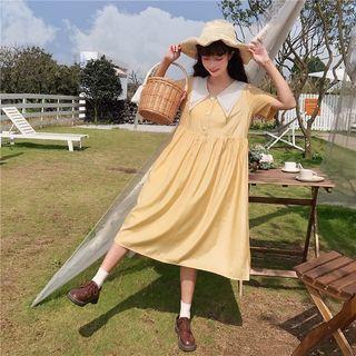 Contrast Collar Short-sleeve Midi A-line Dress