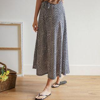 Tie-waist Long Patterned Skirt