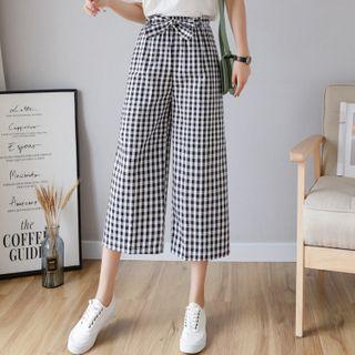 Tie-waist Cropped Wide-leg Gingham Pants
