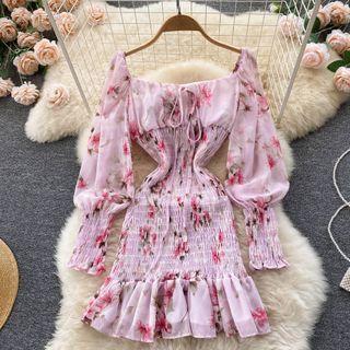 Long-sleeve Floral Mini Smock Sheath Dress