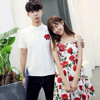 Couple Matching Sleeveless Floral Print Mini Dress / Short-sleeve T-shirt