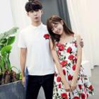 Couple Matching Sleeveless Floral Print Mini Dress / Short-sleeve T-shirt