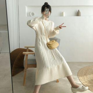 Lantern-sleeve Cable Knit Midi Sheath Sweater Dress