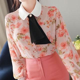 Faux-pearl Floral Chiffon Blouse With Tie