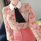 Faux-pearl Floral Chiffon Blouse With Tie