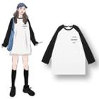 Color Block Long-sleeve T-shirt Dress Black & White - One Size