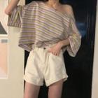 Elbow-sleeve Striped Off-shoulder T-shirt
