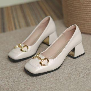 Square-toe Buckle Chunky Heel Pumps
