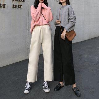 Plain Crew-neck Sweater / Cropped Straight-fit Pants
