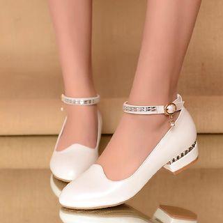 Rhineestone Ankle Strap Low Heel Pumps