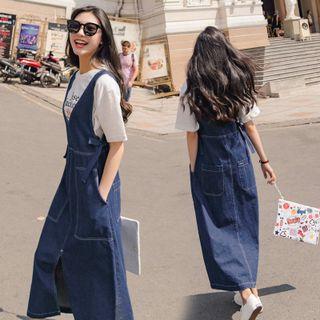 Deep V-neck Midi Denim Pinafore Dress