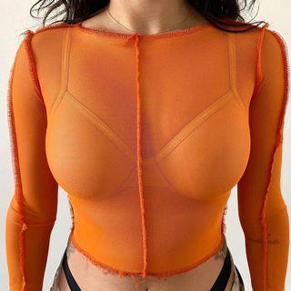 Long Sleeve Paneled Mesh Crop Top