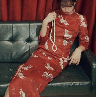 Long-sleeve Crane Print Qipao Dress