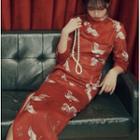 Long-sleeve Crane Print Qipao Dress