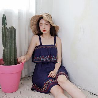 Sleeveless Ruffled Embroidered Minidress