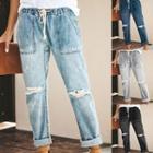 Drawstring Distressed Crop Jeans