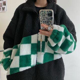 Checkered Panel Fleece Zip-up Jacket